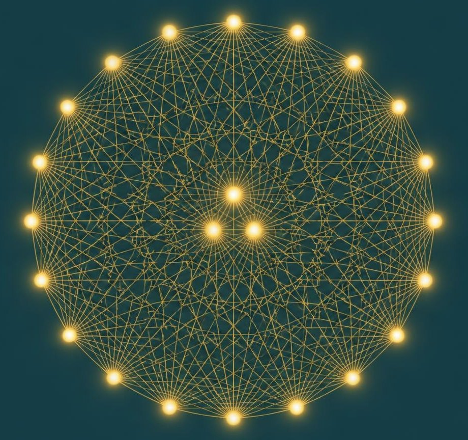 Goldene Lichtpunkte im Kreis, alle miteinander verbunden
